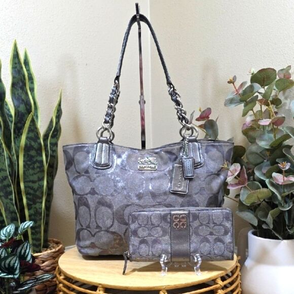 Coach Handbags - Coach Metallic Gray Signature C Shoulder Bag and Wallet
